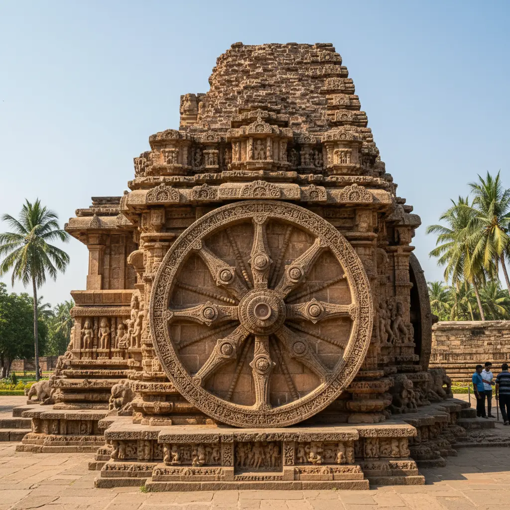 Konark Sun Temple Featuring Intricate Stone Carvings Chariot Wheel Design And Ornate Architectural Details